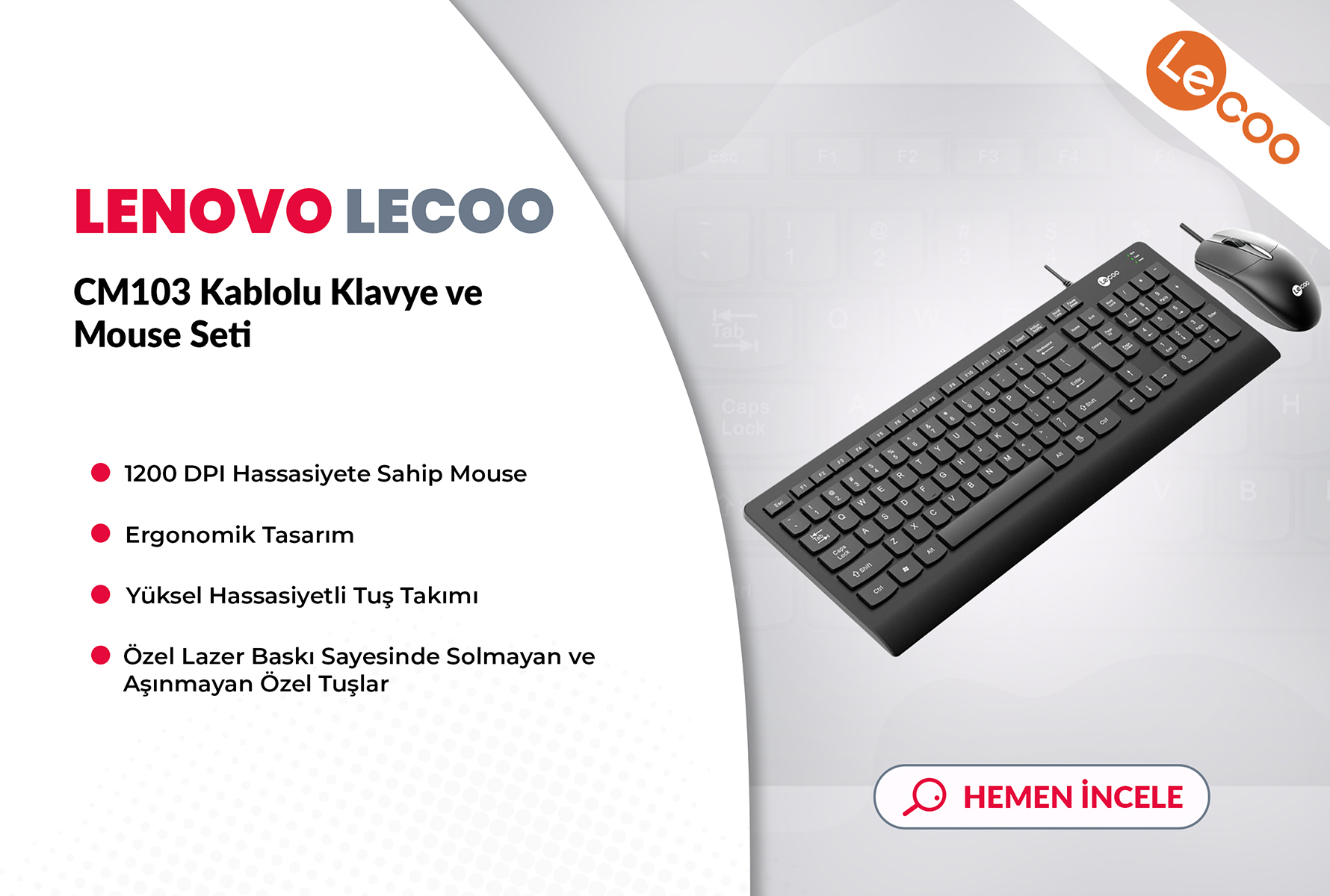 Lenovo Lecoo CM103 Kablolu Klavye ve Mouse Set