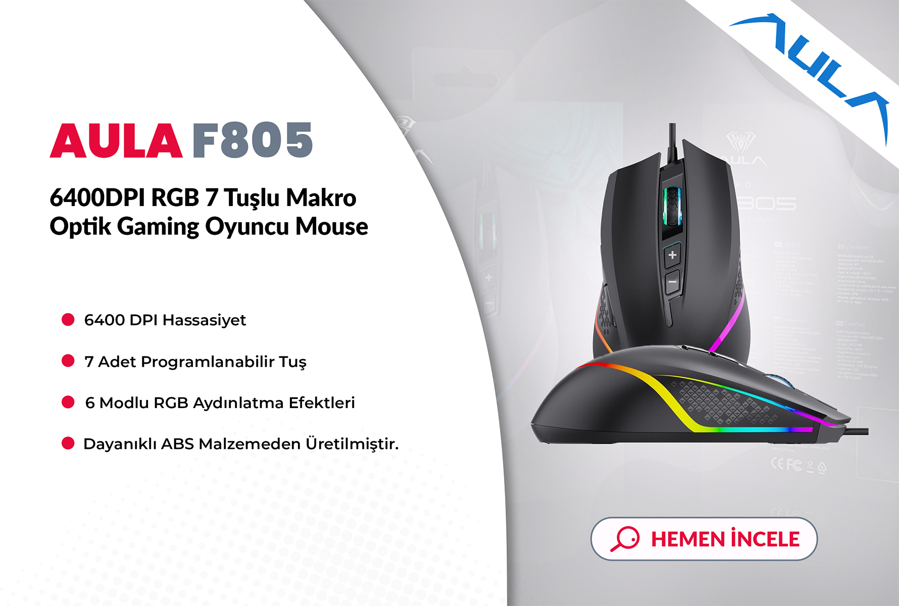 Aula F805 6400DPI RGB 7 Tuşlu Makro Optik Gaming Oyuncu Mouse