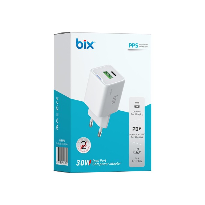 Bix 30W GaN USB-C + USB-A Hızlı Şarj Adaptörü iPhone, Android ve iPad Uyumlu Type-C PD PPS Şarj Aleti Beyaz