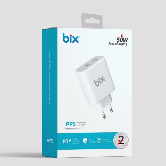 Bix 50W USB-C Çift Portlu Hızlı Şarj Adaptörü iPhone, Android ve iPad Uyumlu Type-C PD Şarj Aleti