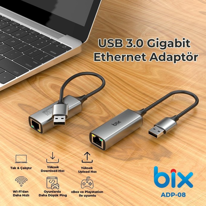 Bix ADP-08 USB 3.0 Gigabit Ethernet Dönüştürücü Adaptör