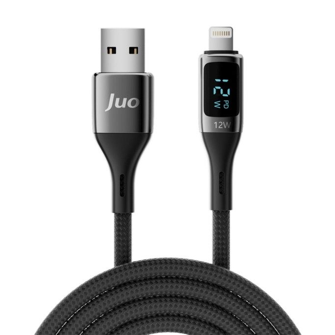 Juo 12W Dijital Led Ekranlı USB-A to Lightning iPhone iPad Örgülü Hızlı Şarj ve Data Kablosu 1 Metre